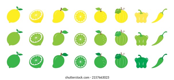 Fruits and vegetables flat icon set isolated on white background.Vector.Illustration.