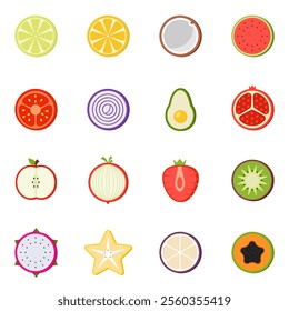 Fruits and vegetables flat icons, Collection of fruits in cartoon style vector illustrations