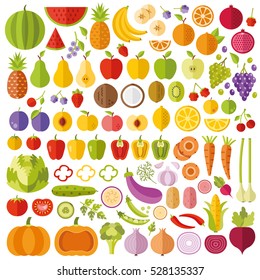 Fruits and vegetables flat icons set. Colorful flat design graphic elements, illustrations collection for web sites, mobile apps, web banners, infographics, printed materials. Vector icons