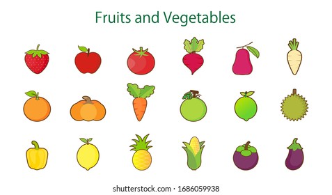 Fruits and vegetables flat line icon collection set isolated on white background.Simple design.Healthy food.Vector.Illustration.