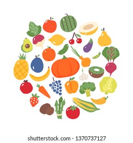 Fruits and vegetables. Flat style. Food isolated. 