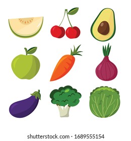 Fruits and vegetables. Flat style. Food isolated.