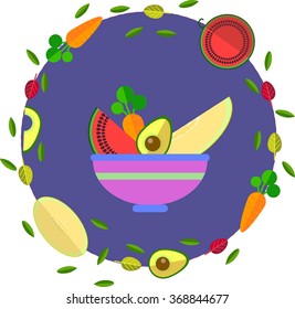 fruits and vegetables in flat style on a dark purple background