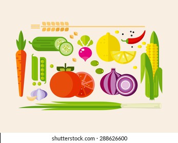 Fruits And Vegetables Flat Vector Icons, Isolated Illustration