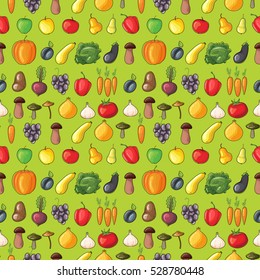 Fruits and vegetables flat vector pattern on green background. Eco food