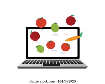 Fruits and Vegetables Flying from a Laptop