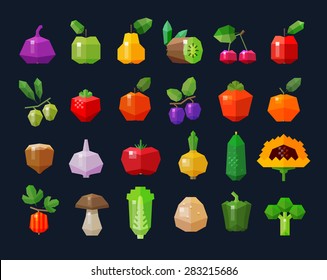 fruits and vegetables, fresh food icons set. collection of elements - figs, apple, pear, kiwi, cherry, olive, plum, cucumber, onion, tomato, garlic, nuts, potatoes