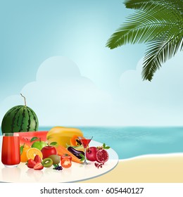 Fruits and Vegetables and Fresh juice put on the glass table near the Beach by the sea for Summer season, vector illustration.