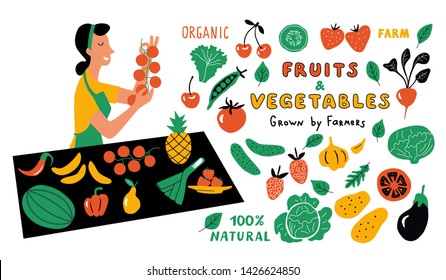 Fruits and vegetables funny doodle set. Cute cartoon woman, food market seller with healthy organic products. Hand drawn vector illustration with lettering. Isolated on white.