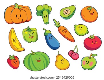 Frutas y verduras con caras divertidas en estilo cómico. Concepto de diseño. Coloridos personajes de dibujos animados. Ilustración vectorial graciosa. Aislado sobre fondo blanco. Conjunto