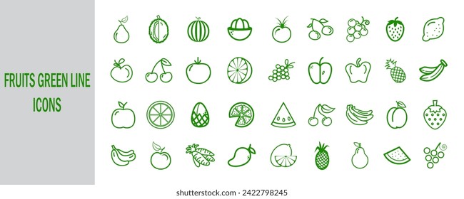 Iconos de la línea verde de frutas y verduras. signo de naturaleza.