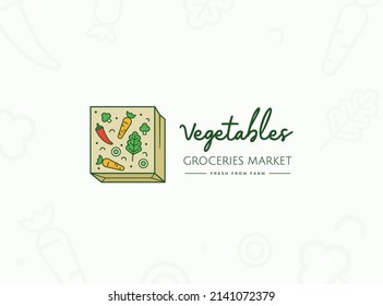 Fruits and vegetables in grocery paper bag cartoon illustration. Vegetables store market logo icon sign banner poster design concept 