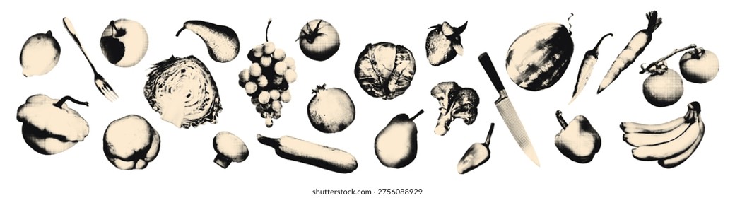 Fruits and vegetables halftone art collage cut outs set. Paper clippings, organic food stickers with vintage dot texture Apple, tomato, cabbage, pepper Modern retro mixed media vector illustration