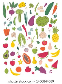 Fruits and vegetables hand draw illustration set. Organic and diet food. Healthy nutrition cartoon isolated elements