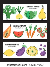 Fruits and vegetables hand drawn banner set. Healthy meal, diet, nutrition or lifestyle. Organic food restaurant, smoothie bar or support farmers market concept. 