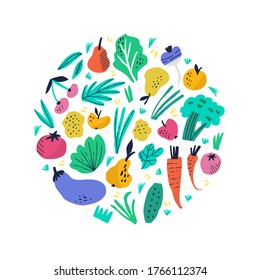 Fruits and vegetables hand drawn illustrations set. Organic harvest in circle shape. Bio garden crop. Eco carrot, eggplant, pear, tomato on white background. Farm products illustration