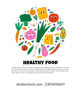 Fruits and vegetables hand drawn illustrations set. Organic harvest in circle shape. Eco food on white background. Farm products illustration.