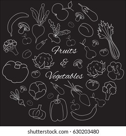 Fruits and vegetables hand drawn round vector set