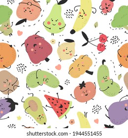 Fruits and vegetables hand drawn seamless pattern. Cute childish summer print. Smiling cartoon characters. Vector illustration for fabric, paper, graphic design, textile. 