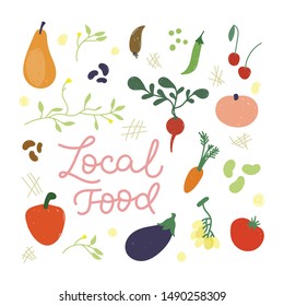 Fruits and vegetables hand drawn vector cartoon illustration. Local food market set. Farmer market, poster, banner. Pepper, carrot, tomato, beans, peach, pear, onion, radish, egg plant, cherry, grape
