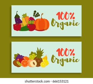 Fruits and vegetables. Healthy food banners set. Fruits and vegetables background. Fruits and vegetables cards. Organic food. Vector illustration.