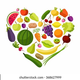 Fruits, vegetables, heart, coloured illustrations. Fruits and vegetables in the shape of a heart. Vegetarianism and raw food diet. Colored, flat, vector picture isolated on white background. 