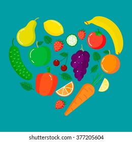 Fruits and vegetables in heart shape. Fruits and vegetables vector in trendy flat style. Isolated objects. Good for use.