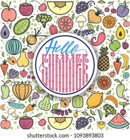 Fruits and vegetables Hello Summer, vegetarian banner, summer isolated color vector icons.