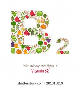 Fruits and vegetables highest in vitamin B2 composing B2 letter shape, nutrition and healthy eating concept