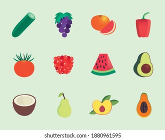 fruits and vegetables icon collection design of healthy organic food theme Vector illustration