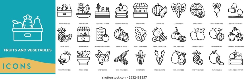 Fruits and Vegetables icon. Fresh Produce, Fruit Basket, Vegetable Garden, Organic Produce and Market Stall