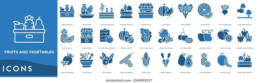 Fruits and Vegetables icon. Fresh Produce, Fruit Basket, Vegetable Garden, Organic Produce and Market Stall