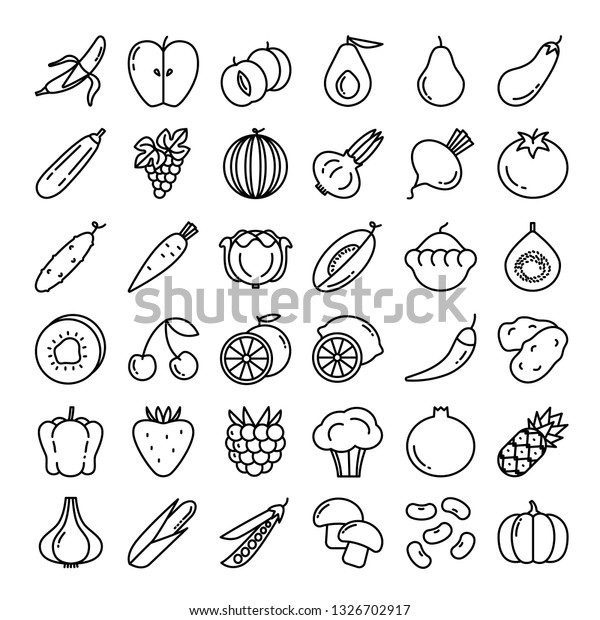 Fruits Vegetables Icon Set 36 Black Stock Vector (Royalty Free ...