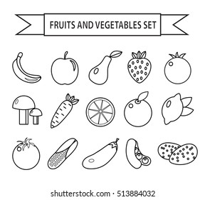 Fruits and vegetables icon set, line style. Fruits and vegetables set isolated on a white background. Vegetarian food. Vector illustration