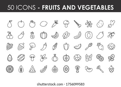 fruits and vegetables icon set over white background, line style, vector illustration