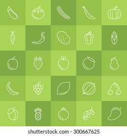 Fruits and Vegetables icon set - simple collection of thin line food symbols on green background
