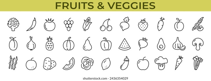 Fruits and vegetables icon set. Veggies and fruits. Vector illustration.