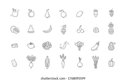 Fruits and Vegetables Icons. Berries, Fruits,Vegetables and other Garden Products Signs Collection. Diet and Healthy Eating Symbols. Flat Line Vector Illustration and Icons Set.