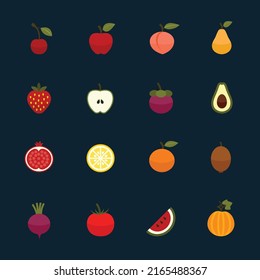 Íconos de frutas y verduras con fondo negro