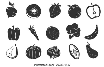 Fruits and vegetables icons in black and white. Vectorized. For web icons, game interfaces, textile patterns, packaging design, apps, avatars, emoticons, symbols, stencils. 15 objects set.  