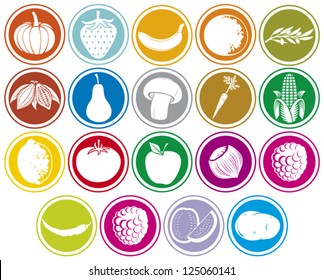 fruits and vegetables icons buttons set (banana, pumpkin, orange, lemon, pear, tomato, hazelnut, strawberry, cocoa beans, apple, watermelon, olive, corn, mushroom, potato, chili pepper, raspberry)
