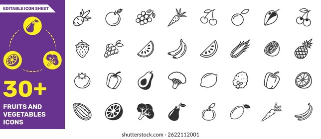 Fruits and Vegetables Icons Collection - 30+ Editable Line Icons for Healthy Food and Nutrition