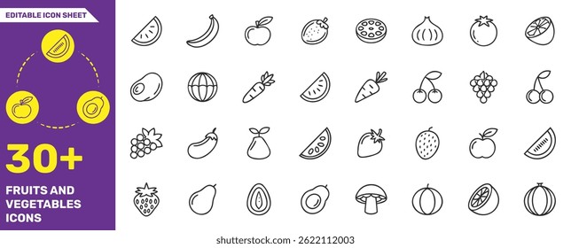 Fruits and Vegetables Icons Collection - 30+ Editable Line Icons for Healthy Food and Nutrition