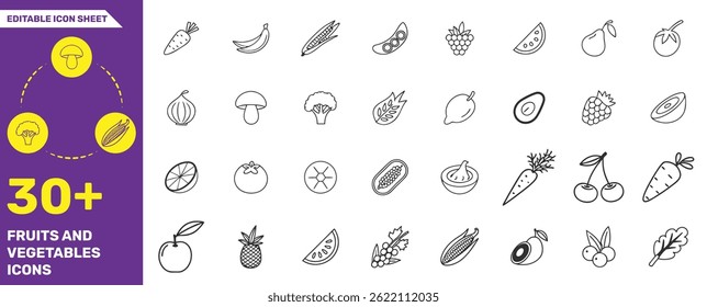 Fruits and Vegetables Icons Collection - 30+ Editable Line Icons for Healthy Food and Nutrition