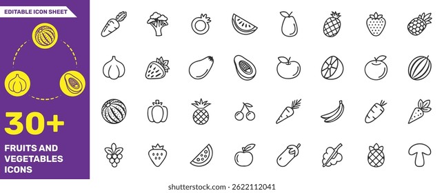 Fruits and Vegetables Icons Collection - 30+ Editable Line Icons for Healthy Food and Nutrition