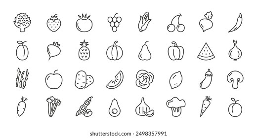 Fruits and vegetables icons collection.  Vector line icon illustration.