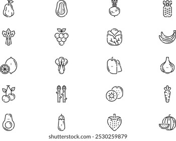 Fruits and vegetables icons collection is a vector illustration with editable stroke.