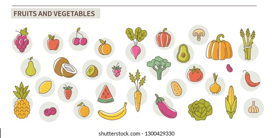 Fruits and vegetables icons. Flat line vector illustration isolated on white background.
