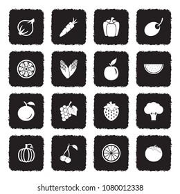 Fruits And Vegetables Icons. Grunge Black Flat Design. Vector Illustration. 