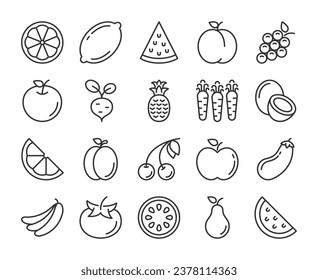 Iconos de frutas y verduras. Conjunto de iconos de línea de alimentación saludable. Stroke editable.